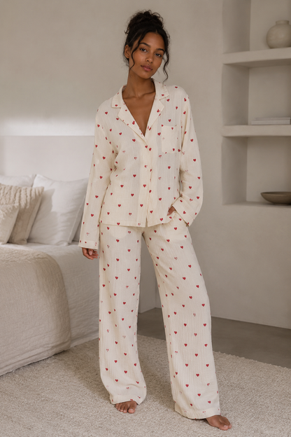 Pilary – Dames pyjamaset met hartjesprint – Tweedelig – Lente / Zomer
