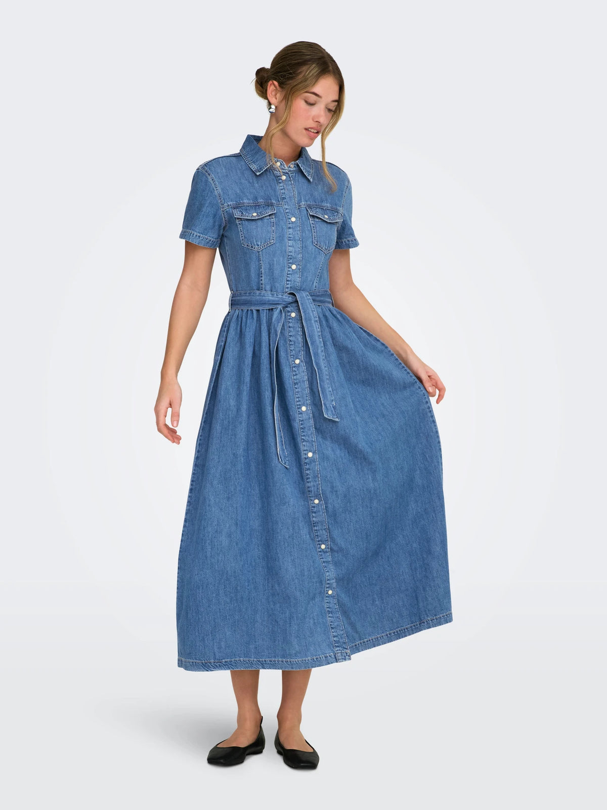 Reeva - Dames denim blousejurk met ceintuur – Katoen – Lente / Zomer